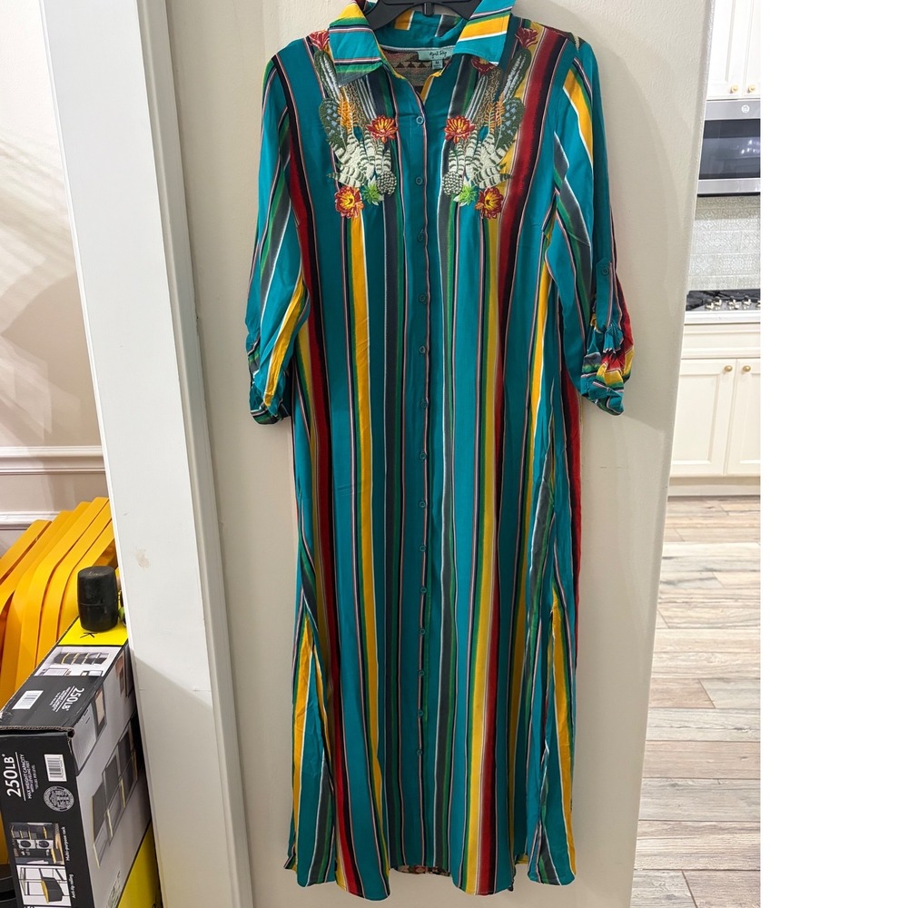 April Sky Embroidered Cactus Serape Stripe Maxi Shirt Dress Boho Western M - Picture 2 of 11
